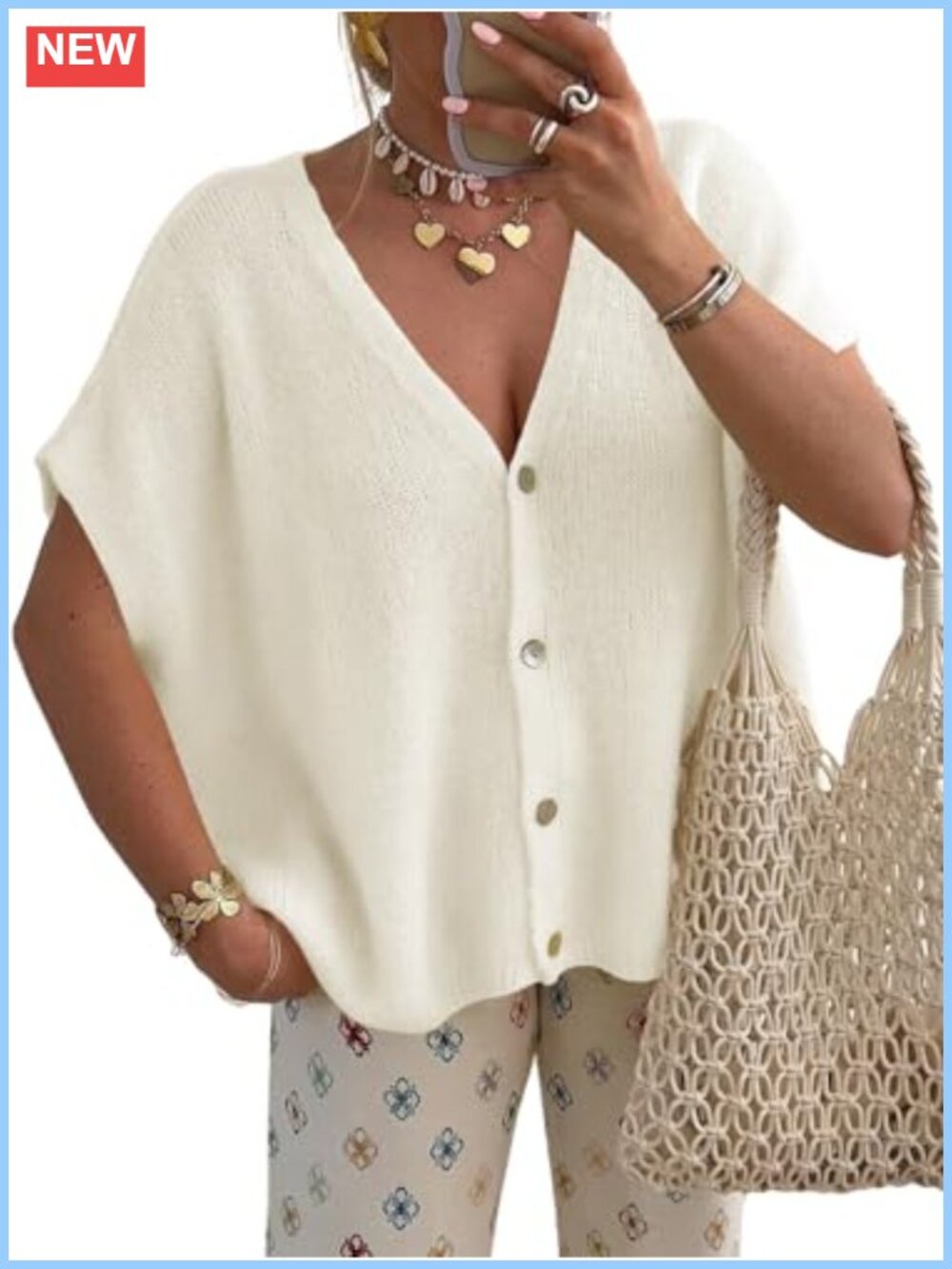Womens Oversized Short Sleeve Knit Cardigan Sweater Button V Neck Loose Fit